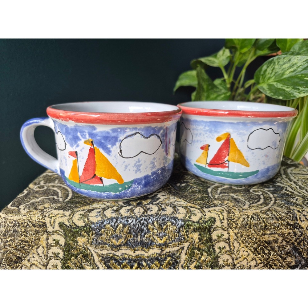 Pair Hand Painted Soup Mugs Nautical Sailboat Lighthouse Chowder Cups